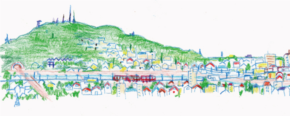 ひだまりクローバー 生駒山と街並み 鉛筆画 イメージ画像 (その2)